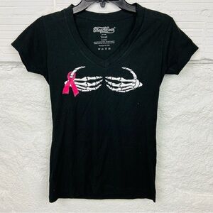 NWOT SHOP 4 EVER black V NECK short sleeve breast cancer skeleton hands top S